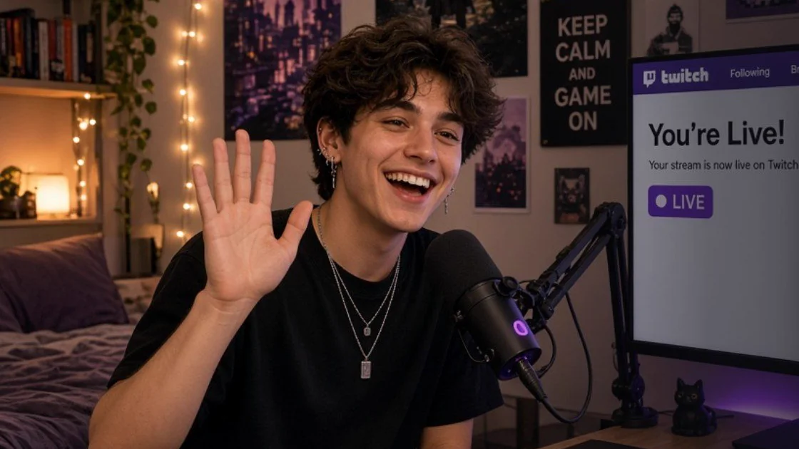 A streamer on camera, smiling and waving to viewers from a desk with a microphone and a monitor showing the stream is live.